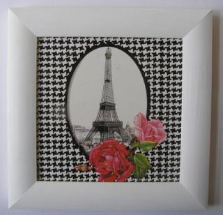 Obrázek dřevěný malovaný rámeček 19 x 19 cm - Eiffelovka a růže