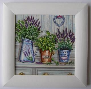 Obrázek dřevěný malovaný rámeček 19 x 19 cm - Levandule květníky komoda