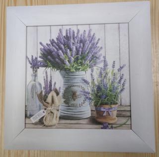 Obrázek dřevěný malovaný rámeček 19 x 19 cm - Levandule, kytice, konev