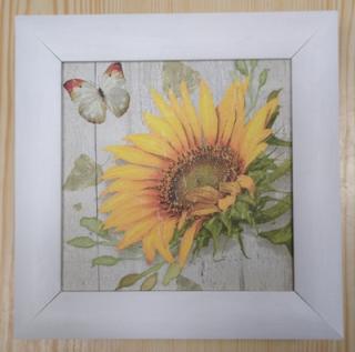 Obrázek dřevěný malovaný rámeček 19 x 19 cm - Slunečnice s motýlem