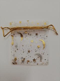 Organzový sáček - 9 x 7 cm - hvězdy, měsíc - bílý