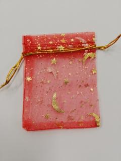 Organzový sáček - 9 x 7 cm - hvězdy, měsíc - červený