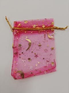 Organzový sáček - 9 x 7 cm - hvězdy, měsíc - fuchsiový