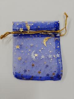 Organzový sáček - 9 x 7 cm - hvězdy, měsíc - modrý