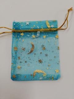 Organzový sáček - 9 x 7 cm - hvězdy, měsíc - tyrkysový