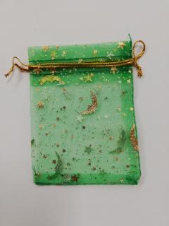 Organzový sáček - 9 x 7 cm - hvězdy, měsíc - zelený