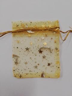 Organzový sáček - 9 x 7 cm - hvězdy, měsíc - žlutý