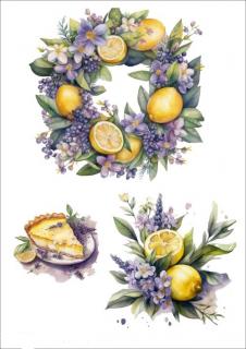 Papír soft A4 pro tvoření - Citrony, fialové květy - S336 (SKLADEM)