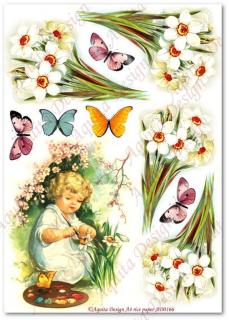 Rýžový papír A4 pro tvoření - Dítě, malíř, motýl, narcisky, jaro AD166