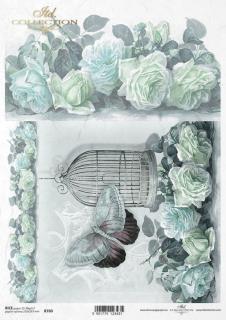 Rýžový papír A4 pro tvoření - Klícka, modré květiny, motýl - R760