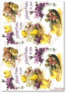 Rýžový papír A4 pro tvoření - Kuřátka, klobouk, květinky, klícka AD149