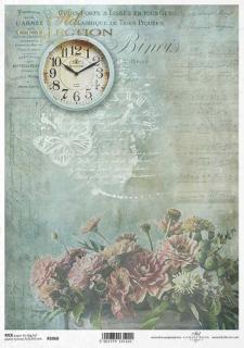 Rýžový papír A4 pro tvoření - Květy, hodiny, písmo, tyrkys - R1068