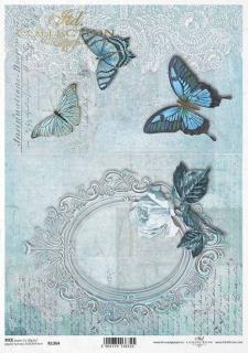 Rýžový papír A4 pro tvoření - Motýl, modrý, písmo, růže, ornament - R1364