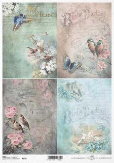 Rýžový papír A4 pro tvoření - Motýl, písmo, ptáci - R979