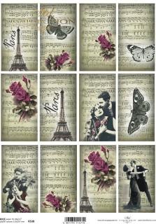 Rýžový papír A4 pro tvoření - Noty, Paris, růže, tanec - R538 (SKLADEM)
