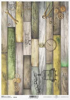 Rýžový papír A4 pro tvoření - Ozubená kolečka, dřevo, klícka, vintage - R1114
