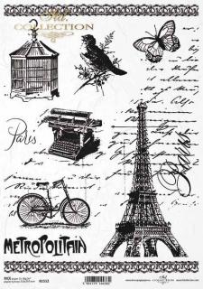 Rýžový papír A4 pro tvoření - Paris, metropolitain,písmo, klícka - R1512