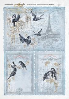 Rýžový papír A4 pro tvoření - Paris,noty,ptáci,modré - R189 (SKLADEM)