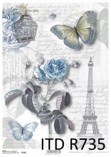 Rýžový papír A4 pro tvoření - Paris,písmo,motýl,růže,modré - R735 (SKLADEM)