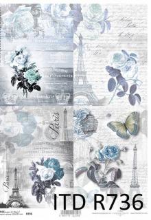 Rýžový papír A4 pro tvoření - Paris,písmo,motýl,růže,modré - R736 (SKLADEM)