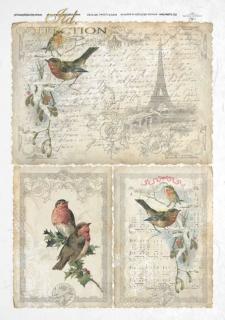 Rýžový papír A4 pro tvoření - Paris,písmo,ptáci,noty,béžové - R184 (SKLADEM)