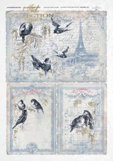 Rýžový papír A4 pro tvoření - Paris,písmo,ptáci,noty,šedé - R185 (SKLADEM)