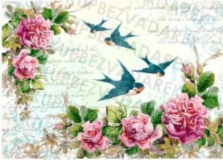 Rýžový papír A4 pro tvoření - Růže,ptáci,písmo,vintage