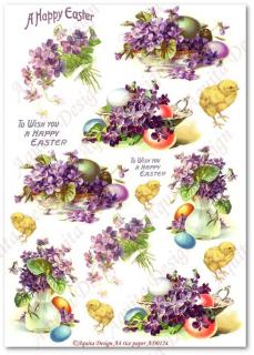Rýžový papír A4 pro tvoření - Vejce, kuřátko, květinky AD124