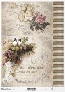 Rýžový papír A4 pro tvoření - Vintage, růže, hnízdo, písmo - R713 (SKLADEM)