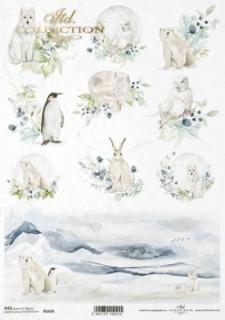 Rýžový papír A4 pro tvoření - Zima, lední medvěd, tučňák - R1636