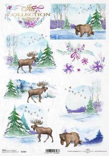 Rýžový papír A4 pro tvoření - Zimní krajinky, medvěd,los - R1464 (SKLADEM)
