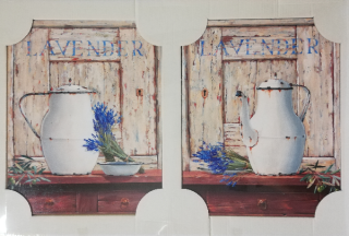 Sada 2x obraz na desce 24 x 30 cm - Konvice s levandulí