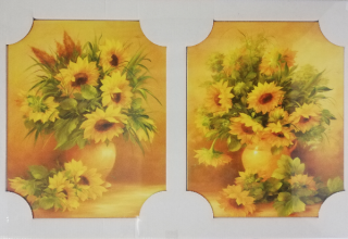 Sada 2x obraz na desce 24 x 30 cm - Slunečnice ve váze