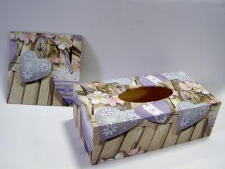 Sada - dřevěná krabička a obrázek - Lila srdce