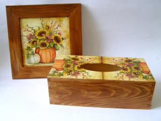 Sada - dřevěná krabička a obrázek rám - Slunečnice s dýní