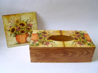 Sada - dřevěná krabička a obrázek - Slunečnice s dýní