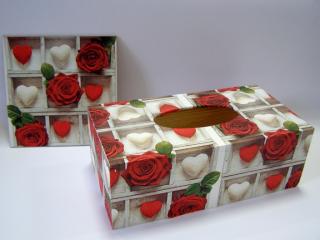 Sada - dřevěná krabička a obrázek - Srdce růže