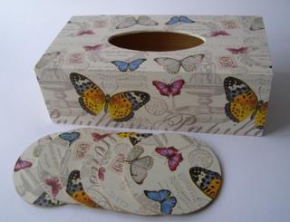 Sada - dřevěná krabička a podtácky 6ks - Motýlková