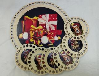 Sada pro háčkování košíku a podtácky  - překližka kruh potisk vánoce  -  kruh 25 a kruhy 10 cm (skladem)
