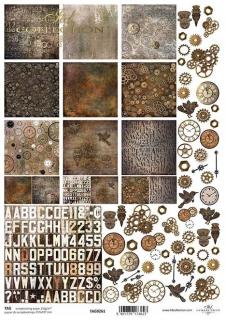 Scrapbooking papír A4 - ozubená kola, ciferníky, písmena, steampunk - TAG261