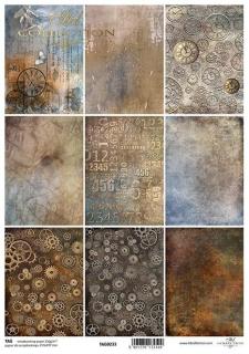 Scrapbooking papír A4 - vzory, ciferníky, čísla, steampunk - TAG233