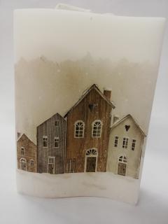 Svíčka z parafínového vosku zdobená - vlna 2 knoty  19 x 15 cm - Domy (skladem)