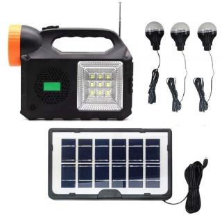 GD102S Solární přenosné osvětlení 3x LED žárovka powerbanka, radio, Bluetooth (Solární nabíječka osvětlení )