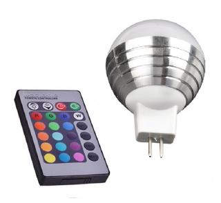 LED Žárovka 3W kulatá MR16 12V RGB  (Žárovka kulatá LED 3W RGB s dálkovým ovladačem)