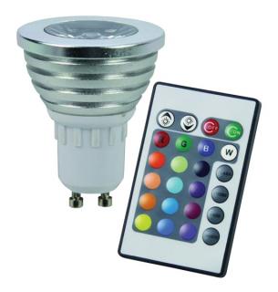 RGB LED žárovka GU10 3W color + dálk.ovl. (Barevná LED žárovka GU10 s dálkovým ovládáním)