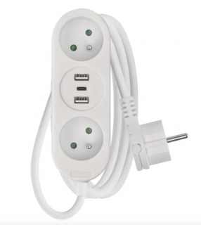 EMOS Prodlužovací kabel 2 m / 2 zásuvky+2×USB A+1×USB C / bílý / PVC / 1 mm2