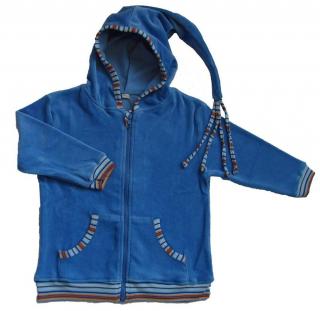Bundička s kapucí - MODRÁ (Dětská bundička s kapucí, pletený plyš, modrá, biobavlna)