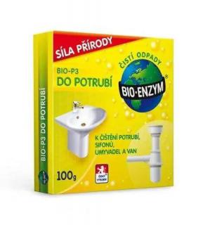 BIO-P3 do potrubí 100g (Biologický přípravek určený ke zprůchodnění ucpaného a pomalu odtékajícího potrubí v sifonech, vanách, umyvadlech, výlevkách a odpadních systémech.)