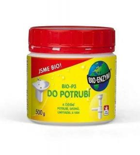 BIO-P3 do potrubí 500g (Biologický přípravek určený ke zprůchodnění ucpaného a pomalu odtékajícího potrubí v sifonech, vanách, umyvadlech, výlevkách a odpadních systémech.)