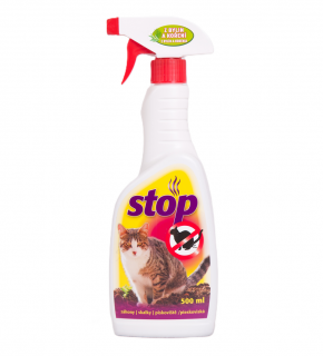 STOP KOČKÁM - pachový odpuzovač koček 500 ml. (STOP kočkám je přírodní přípravek vhodný pro použití jak v interiéru, tak v exteriéru. Účinkuje jako neviditelný plot v místech, kde nechceme, aby se kočka pohybovala. Objem 500 ml.)